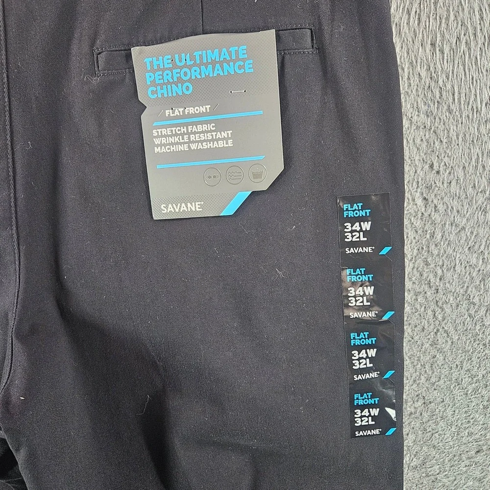 Savane Ultimate Performance Chino Mens 34x32 Black Flat Front Stretch Pants‎ NEW